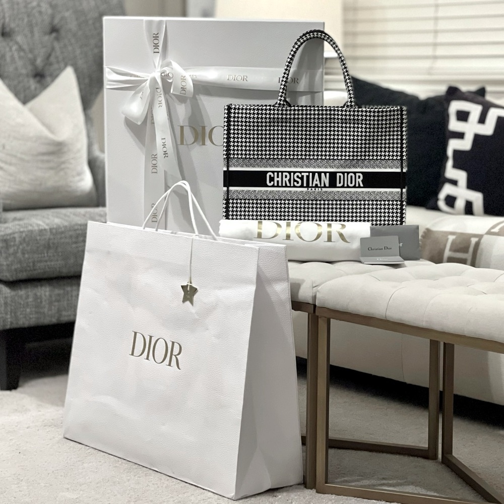 Christian Dior Book Tote in Canvas Embroidered Black and White Houndstooth